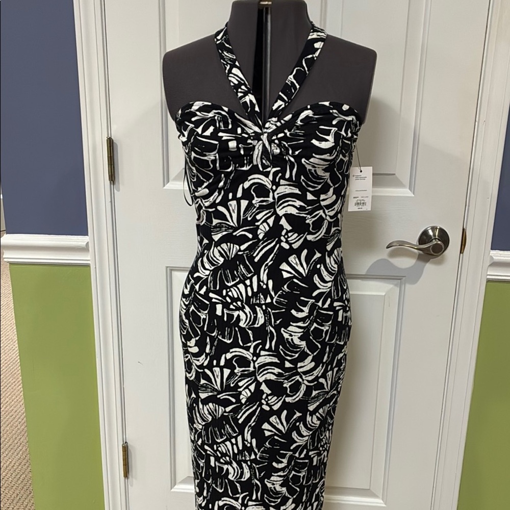NWT Nine West Halter Dress XL Black White Ribbed tropical body hugging stretch